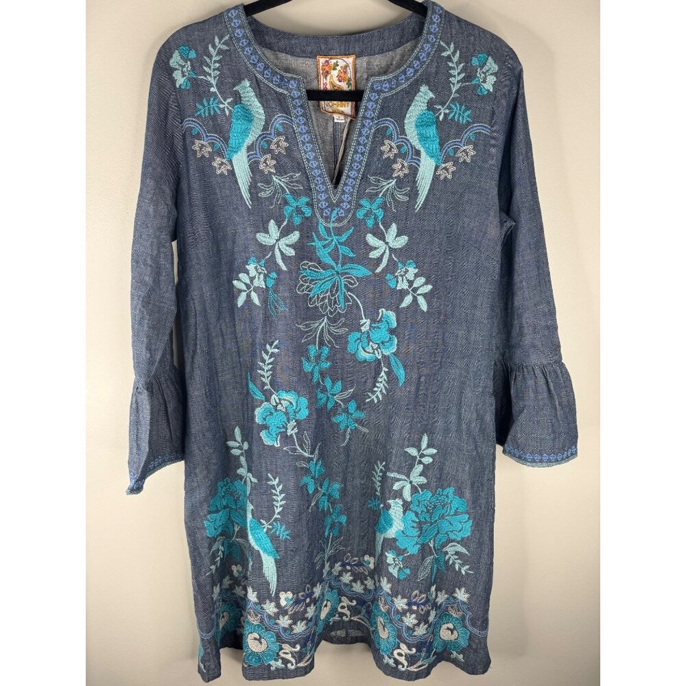 NWT Johnny Was Ruffle Sleeve Embroidered Dress Kikio Denim Blue V-Neck Size S - Picture 5 of 10